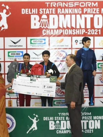 The award ceremony at the Delhi State Ranking Prize Money Badminton Championship, with our players Prasidhi and Sneha on the podium for the Girls Doubles U-13 category.