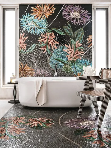 For me, a bathroom should be a private sanctuary. In this home, we transformed the space into a work of art with a stunning floral mosaic from Sicis that flows from the wall onto the floor. It’s a testament to how artistic expression and everyday function can come together in the most beautiful way.