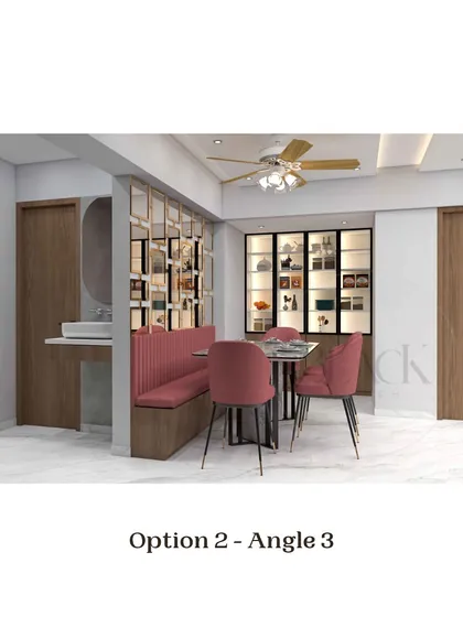 The dining area for 'Option 2,' showcasing a different partition design and color scheme for the chairs. Presenting these variations is a key part of our collaborative design process.