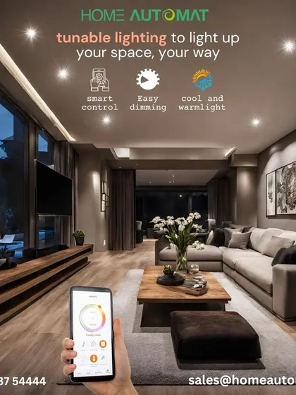 We create the perfect atmosphere with tunable smart lighting. As seen in this living room, you can easily adjust from cool, bright light for the day to warm, dim light for a relaxing evening, all controlled through our app.
