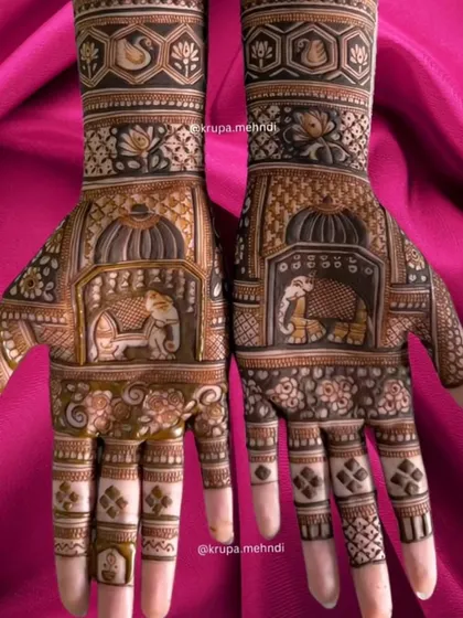 This design is inspired by the grandeur of royal Indian architecture. I created a scene with a majestic elephant within a palace jharokha, using a mix of fine lines and bold shading to give it depth. It’s a perfect example of a grand, symmetrical bridal design.
