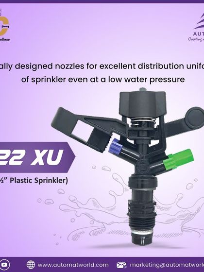 The 22XU plastic mini sprinkler features specially designed nozzles that guarantee excellent distribution uniformity, even when water pressure is low. This ensures every part of your field gets the water it needs.