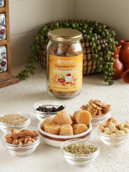 Deconstructed shot of Digestive Gur, showcasing all the healthy ingredients like nuts and seeds that go into the product.