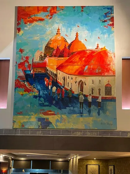 This is my 9x12 feet painting of the Kamakhya temple, a commissioned piece for a large space. The vibrant, abstract interpretation captures the energy and devotion of this sacred site, making it a monumental focal point.