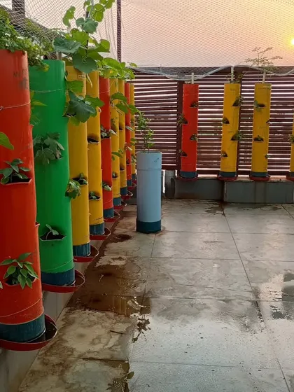 A beautiful sunset over a terrace garden. The towers create a clean and colorful silhouette against the evening sky.