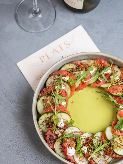 A salad that is anything but expected. This bright composition features sweet watermelon, crisp cucumber, and a jalapeño agua chile, finished with feta and toasted quinoa for a balance of sweet, heat, and crunch.