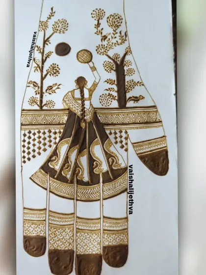A creative Karwachauth design showing a woman looking at the moon, a classic scene from the festival.