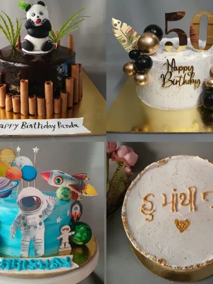 A collage showing a variety of my custom cakes, including a cute panda cake and a space-themed astronaut cake.