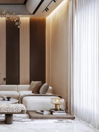 A drawing area visualization where soft, neutral tones and textures create a serene atmosphere. The render highlights the low-slung sofa and the play of light from the large window.