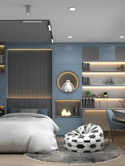 This compact bedroom design cleverly integrates a comfortable bed with a backlit headboard, a dedicated study desk, and plenty of illuminated shelving, making it a functional and stylish space for a student.