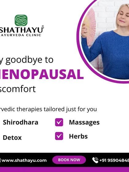Menopause is a natural transition, but the discomfort doesn't have to be. This image shows our tailored Ayurvedic therapies, including Shirodhara, detox, massages, and herbal formulations, which are designed to manage symptoms like hot flashes and joint pain, helping you navigate this phase with ease.