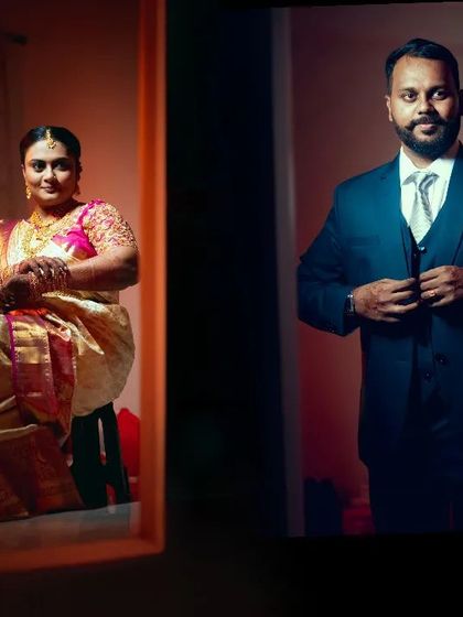 A creative diptych portrait of a bride and groom, showcasing both their individual looks in a stylish, framed composition.