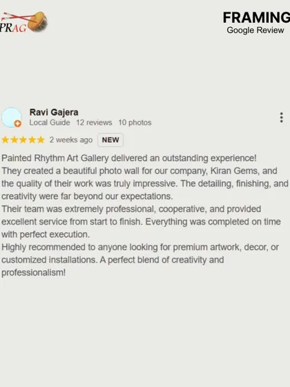 A glowing review from our corporate client, Kiran Gems, for the photo wall project. They highlight our professionalism, creativity, and on-time execution, which is the standard we strive for in every project.
