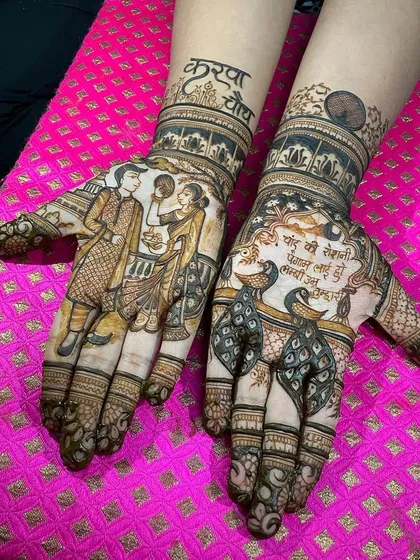 This Karwa Chauth design shows the traditional ritual of a wife looking at her husband through a sieve. It's a story told on the palms, filled with culture and love.