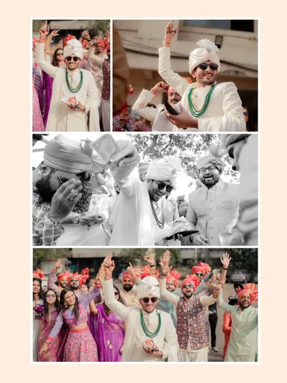 The groom's energetic baraat entrance with his friends. The joy and celebration are clear in these fun, candid shots.