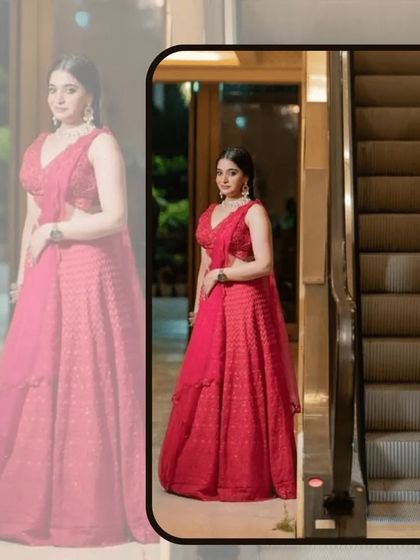 Another angle of our client looking stunning in the red rental lehenga.