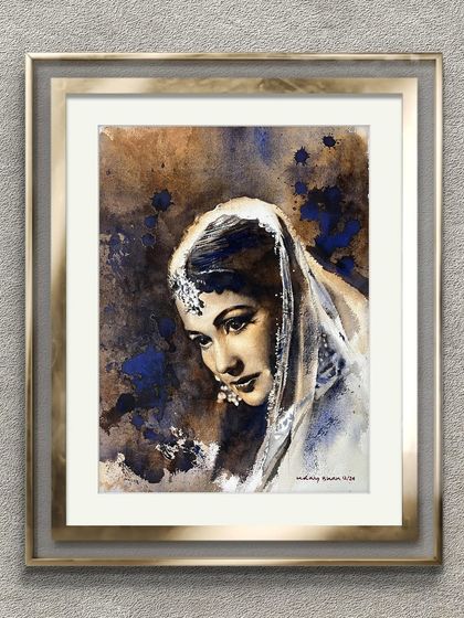 A framed watercolor portrait of a classic Bollywood actress, created during a value study workshop. The use of brown and blue monochrome gives it a unique, vintage feel.