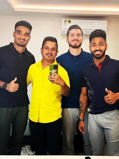 A fantastic day shooting with the stars of Kerala Blasters: Rahul KP, Dimitrios Diamantakos, and Sachin Suresh. It's always an honor to work with these incredible athletes.