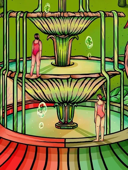 A detailed crop of the 'Love Be Love Go' illustration, focusing on the miniature figures within the fountain, adding a layer of narrative and scale to the surreal garden.