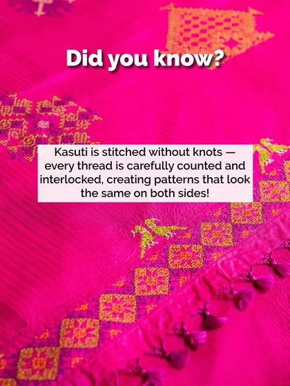 Did you know? Kasuti is stitched without using any knots, and the patterns are created by carefully counting the threads of the fabric. This results in a design that is perfectly neat on both the front and back.