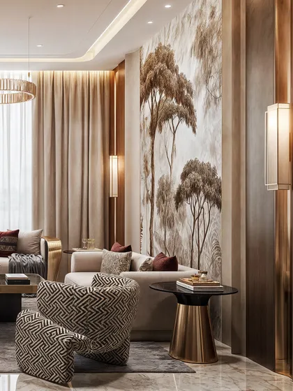 A living area where a large, sepia-toned tree mural serves as the main feature. The render balances the artistic wall with patterned armchairs and warm wood paneling.