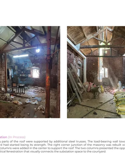 The substation was in a state of ruin, with a sagging roof and unstable walls. We supported the structure with additional steel trusses and rebuilt sections of masonry, creating an opportunity for new openings that connect the space to the courtyard.