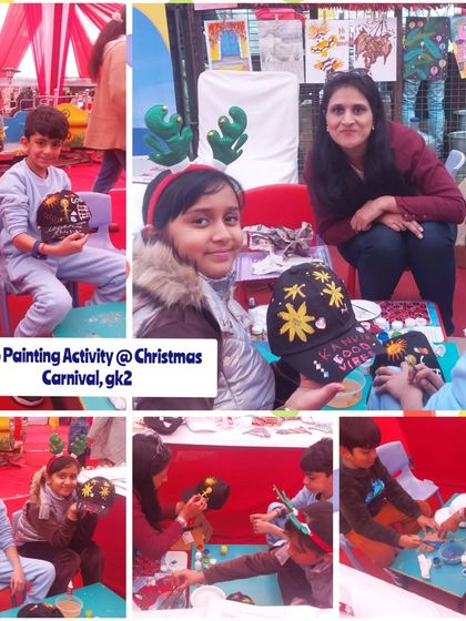 A collage from our cap painting activity at a Christmas carnival. I set up everything needed for kids to sit down and create their own custom-designed caps.