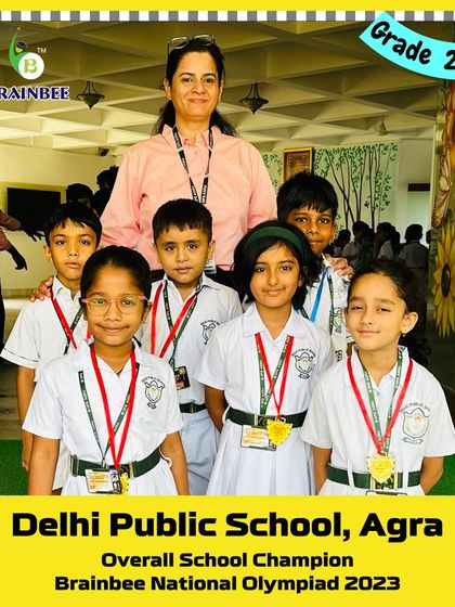 Students of Grade 2D from DPS Agra, celebrating their school's 2023 national title.