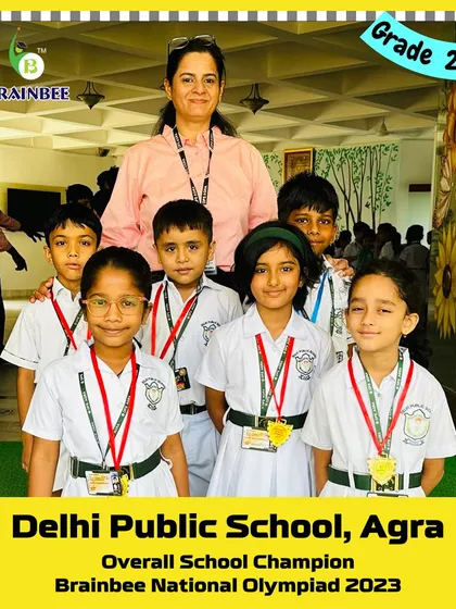 Students of Grade 2D from DPS Agra, celebrating their school's 2023 national title.