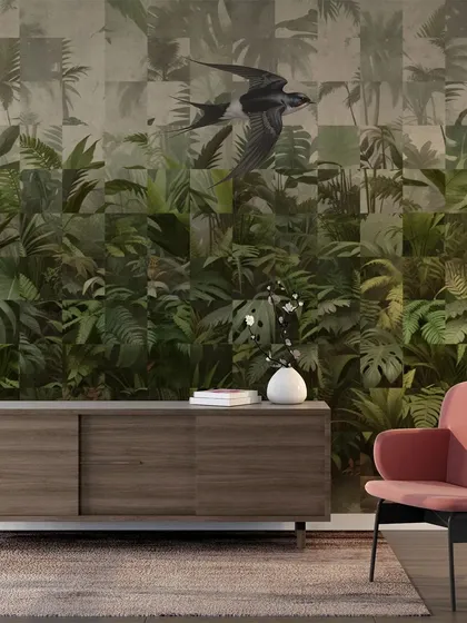 This pixelated jungle mural is a modern take on a classic theme. It adds a unique, digital-art feel to the room, shown here complementing a contemporary media console.