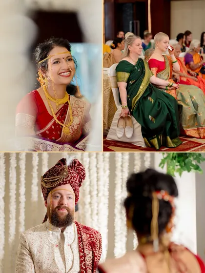 A triptych of candid moments during the ceremony. The bride's smile, the groom's anticipation, and a guest's emotional reaction together tell a richer story.