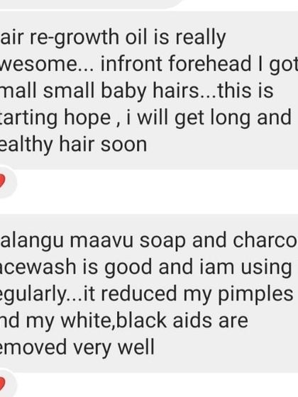Seeing new baby hairs on the forehead gives so much hope. This customer was happy with the hair regrowth oil and also saw great results with my nalangu maavu soap and charcoal facewash for her skin.