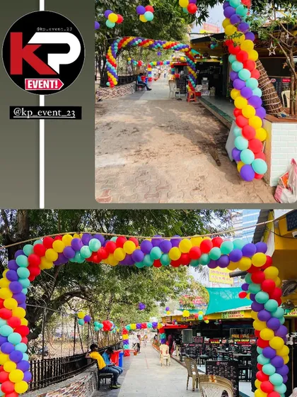 A collage showing a multi-colored balloon archway decoration for an outdoor food court or restaurant.