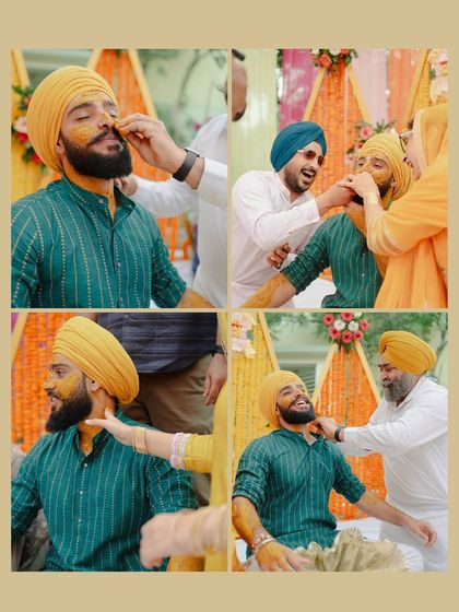 A collage from a Sikh groom's Haldi ceremony, known as the Vatna. It captures the fun and teasing as family members apply the turmeric paste.