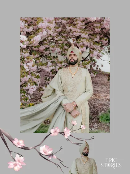 A stylish, graphic portrait of the groom, Gurtaj. The combination of a classic pose with modern design elements creates a unique and memorable image.