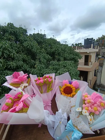 Another angle of the collection of custom pink bouquets.