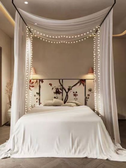 A series of renders for a dreamy, romantic bedroom. We visualized a four-poster bed draped in sheer fabric and fairy lights, creating a soft, ethereal, and inviting atmosphere from multiple angles.