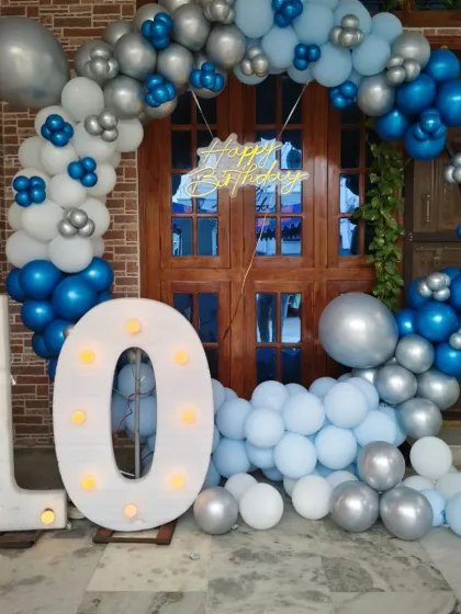 A closer view of the 10th birthday decor, focusing on the large illuminated '10'.