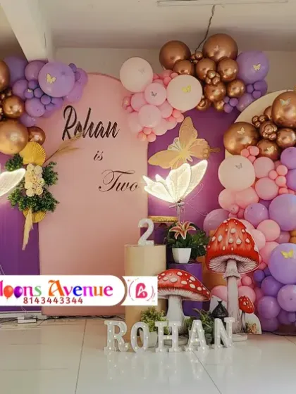 A wide shot of the complete enchanted forest setup for Rohan's second birthday.