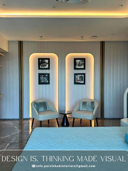 Design is thinking made visual. This bedroom showcases that philosophy, with its curved, backlit wall niches, textured wall panels, and carefully selected furniture. Every element is thoughtfully placed to create a harmonious and visually stunning retreat.