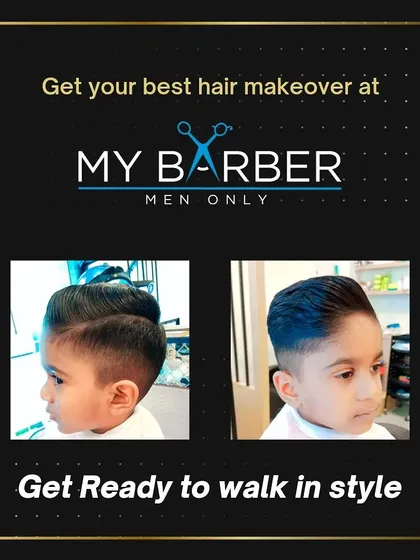 A before and after look at a stylish kid's pompadour haircut. We take the time to make sure even our youngest clients get a perfect, polished style.