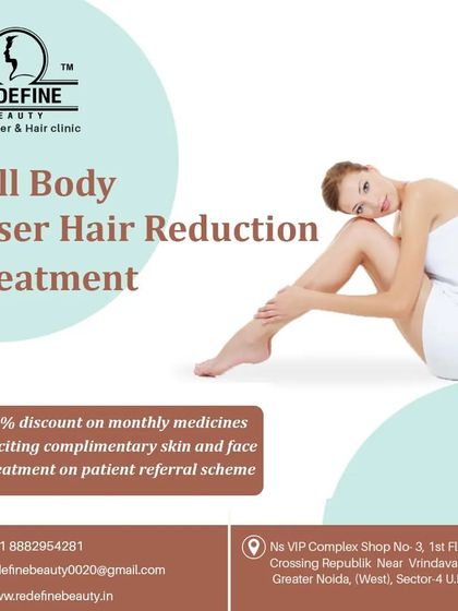 We offer a comprehensive full body laser hair reduction treatment. This poster highlights our patient referral scheme, where you can get complimentary treatments for referring friends.