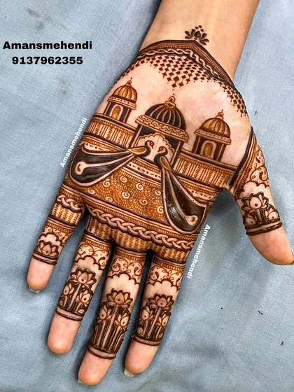 This design transforms the hand into a palace scene, with domes and curtains creating an architectural and royal feel.
