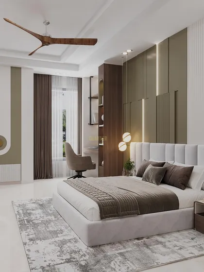 Another view of the kids' bedroom render, showing the full-height wardrobe with its geometric design and the comfortable, upholstered bed. The color palette is soothing and perfect for a child's room.