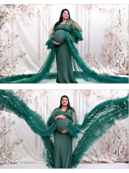 This two-shot collage shows the incredible versatility of our green tulle gown. We can create a classic, elegant standing portrait or a dramatic, artistic shot with the train flowing out like wings.