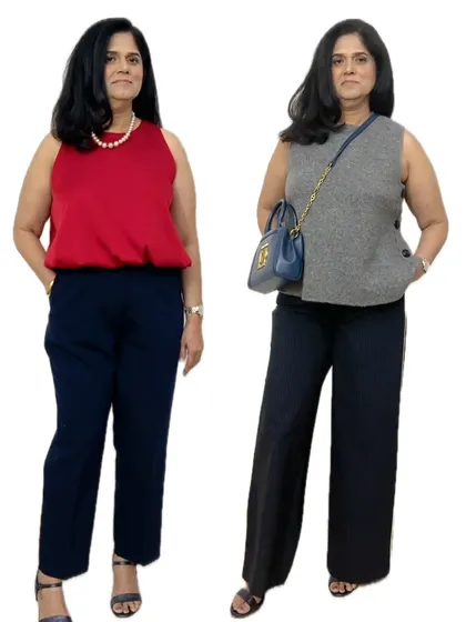 A side-by-side look at two outfits created for my client. Both looks are designed to flatter her body shape by balancing her proportions, one with a vibrant red top and the other with a chic grey asymmetrical top.
