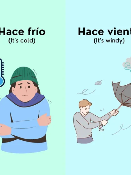 Preparing for a chilly day? Use 'Hace frío' (It's cold) and 'Hace viento' (It's windy) to talk about the weather in Spanish.