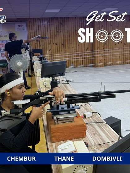 Get set and shoot. A female shooter at our range demonstrates intense focus while aiming her air rifle, with our branches in Chembur, Thane, and Dombivli listed.