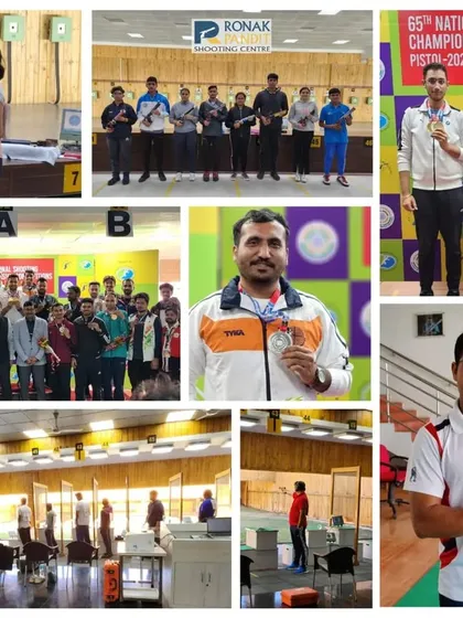 A collage showcasing our shooters' participation at the 65th National Shooting Championship in Bhopal. From practice sessions to medal ceremonies, this reflects our presence and performance on the national stage.