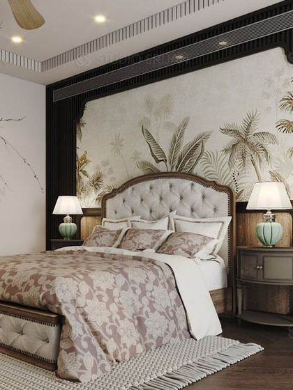 Another angle of the bed, highlighting the detailed, tufted headboard and the elegant, arched shape of the wallpaper mural.
